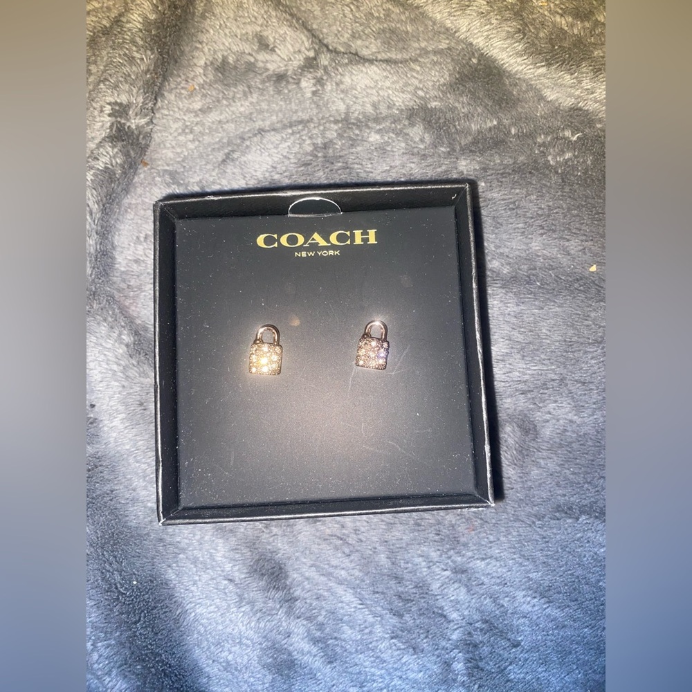 BNIB COACH Rose Gold Plated Pave Padlock Stud Earrings $100